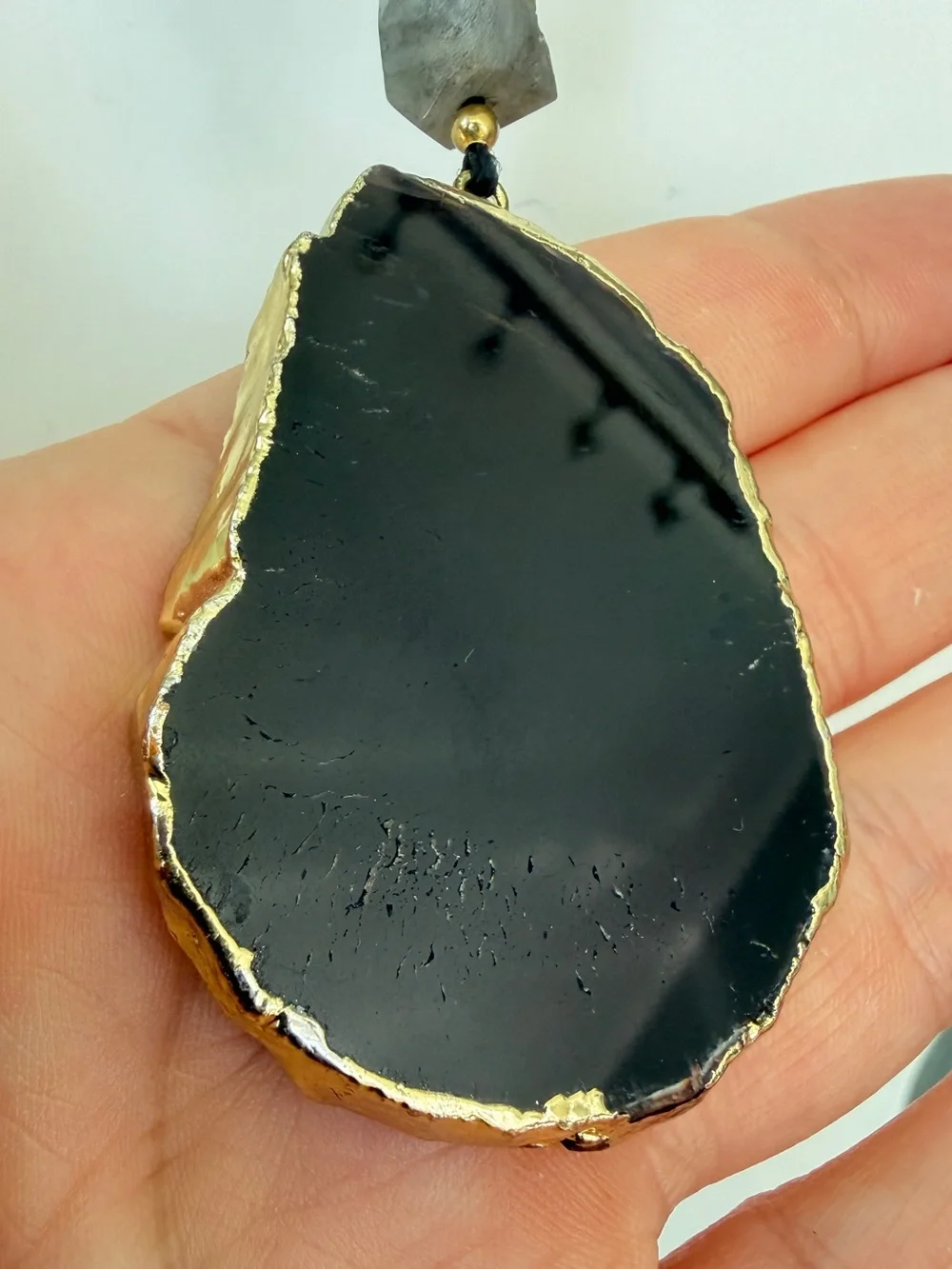 28” gold tone necklace w/ slab/druzy pendant, larvakite, and mermaid glass!